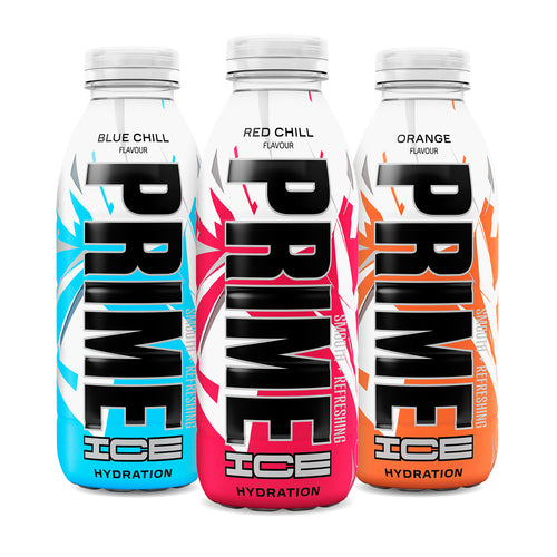 All three flavours of PRIME ICE Hydration grouped together—Blue Chill, Red Chill, and Orange. 