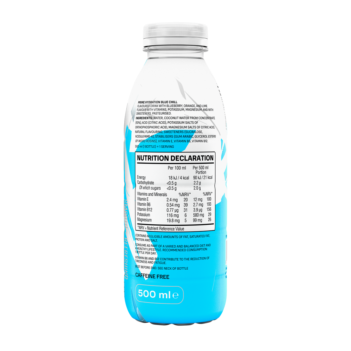 The back view of a caffeine-free, 500mL bottle of Blue Chill PRIME ICE Hydration, highlighting its nutrition declaration and ingredients. 