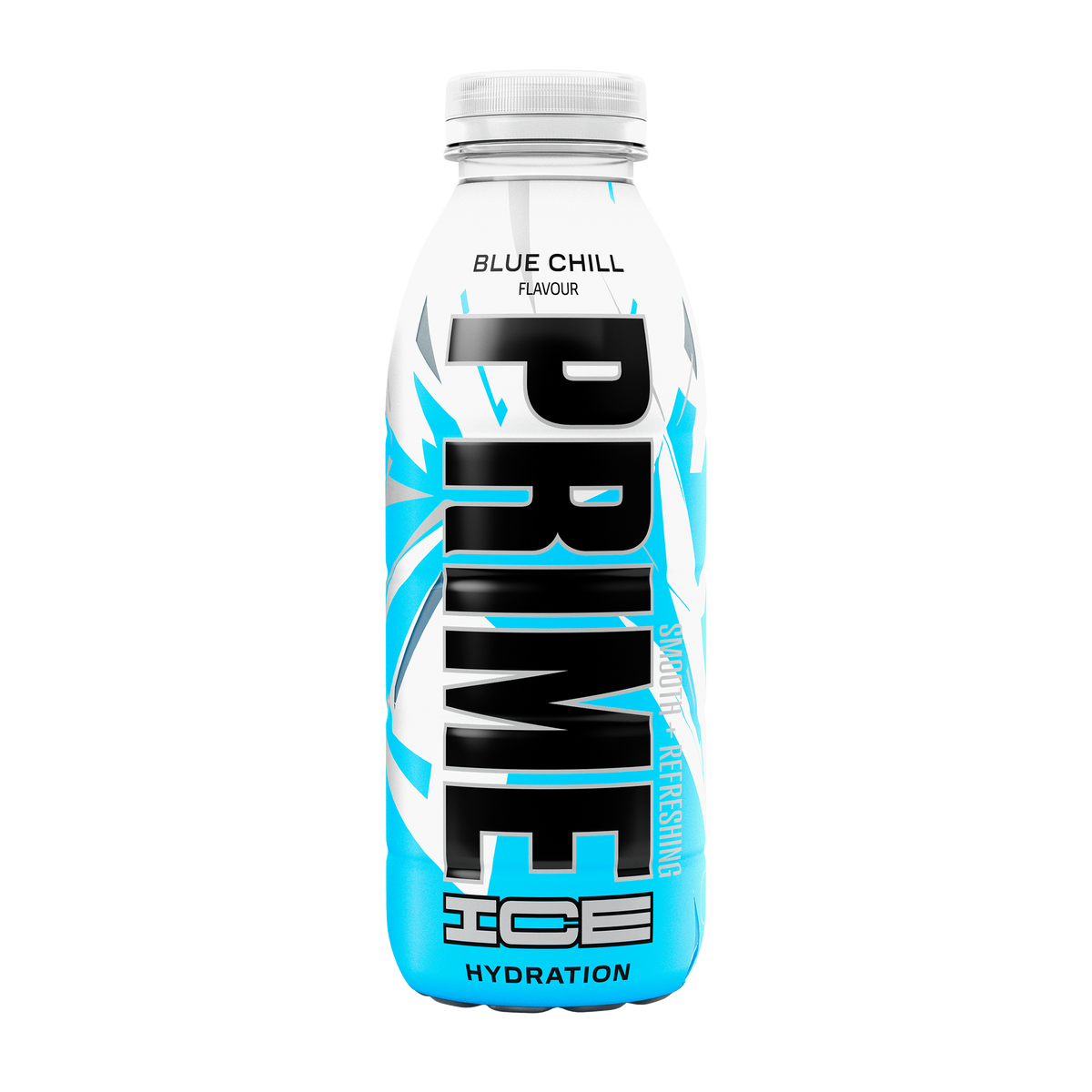 The front view of a smooth-and-refreshing bottle of Blue Chill PRIME ICE Hydration. 