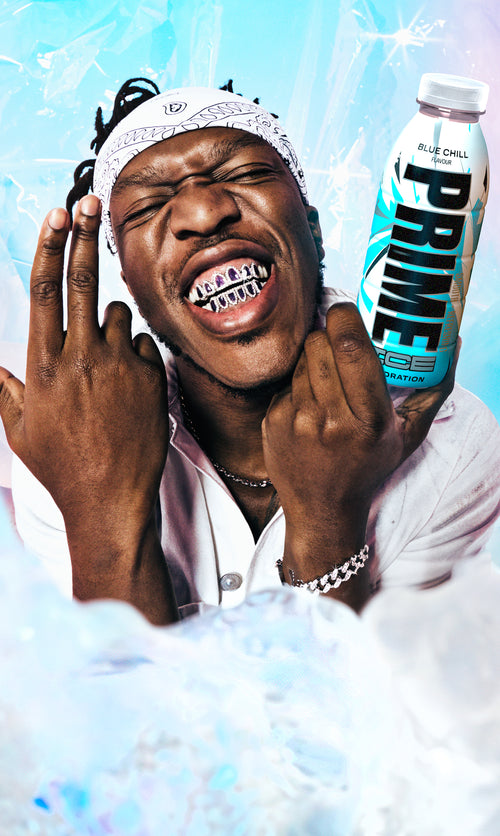 KSI in front of a frosted backdrop posing with a crisp bottle of Blue Chill PRIME ICE Hydration. 