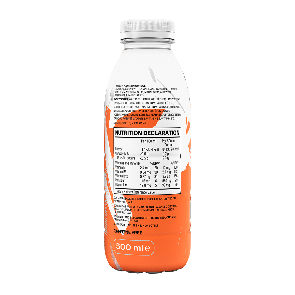 The back view of a caffeine-free, 500mL bottle of Orange PRIME ICE Hydration, highlighting its nutrition declaration and ingredients. 