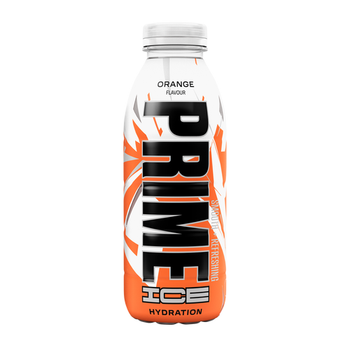 The front view of a smooth-and-refreshing bottle of Orange PRIME ICE Hydration. 