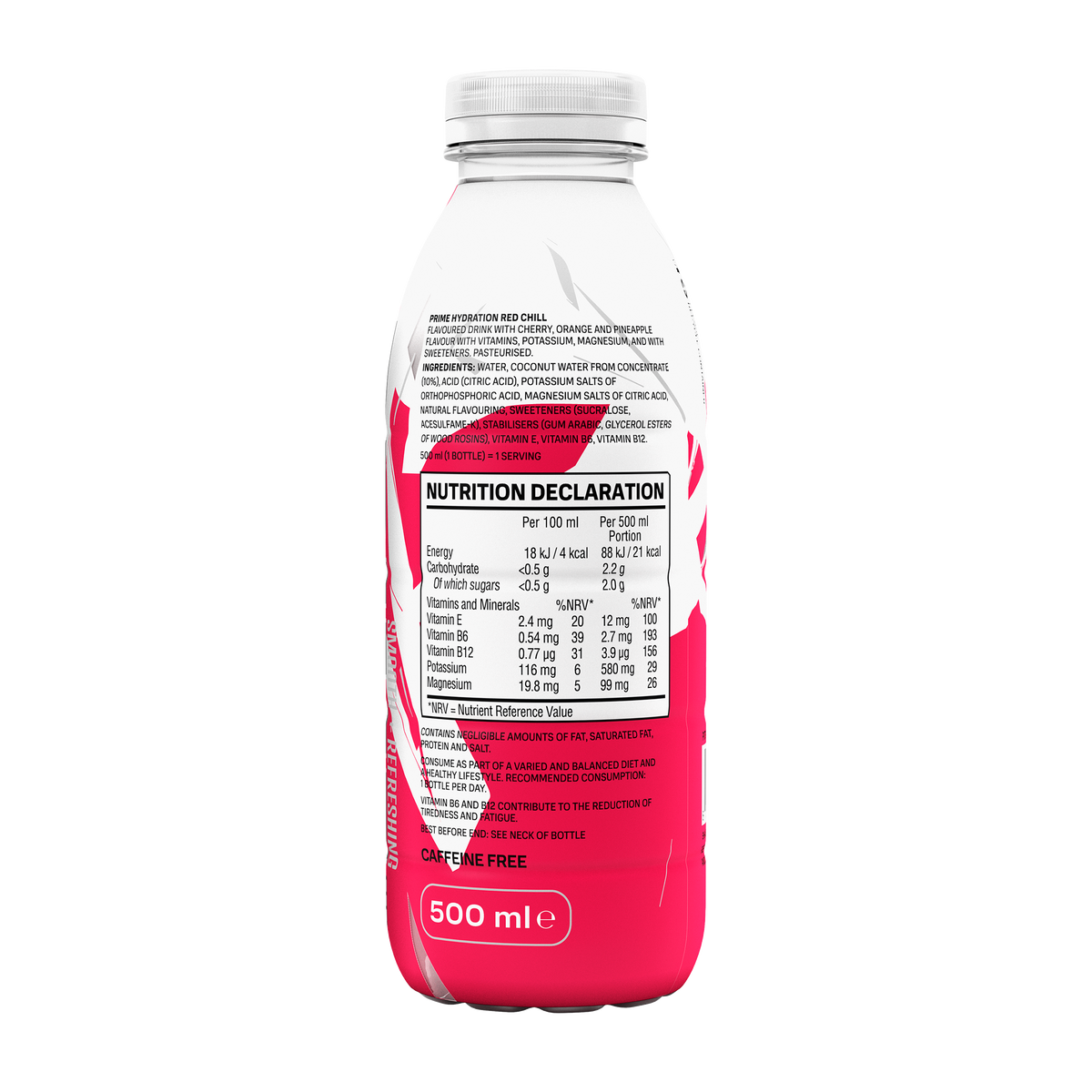 The back view of a caffeine-free, 500mL bottle of Red Chill PRIME ICE Hydration, highlighting its nutrition declaration and ingredients. 